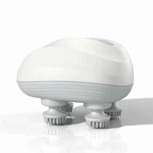 Vista lateral do massageador capilar elétrico com design ergonômico e cerdas cinzas - Loja Morela