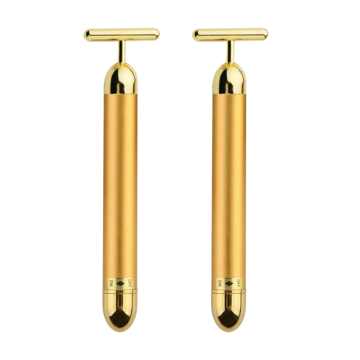 Kit de 2 Unidades. de Massageadores Faciais Elétricos com acabamento dourado e design em forma de T, exibidos lado a lado Loja Morela