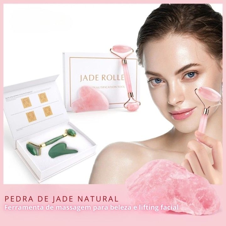 Kit Rolo e Gua Sha em Jade e Quartzo Rosa - Loja Morela