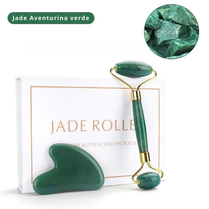 Kit Rolo e Gua Sha em Jade e Quartzo Rosa - Loja Morela