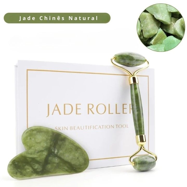 Kit Rolo e Gua Sha em Jade e Quartzo Jade Chines Natural - Loja Morela