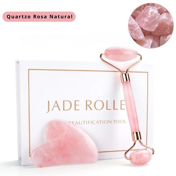 Kit Rolo e Gua Sha em Jade e Quartzo Rosa Natural - Loja Morela