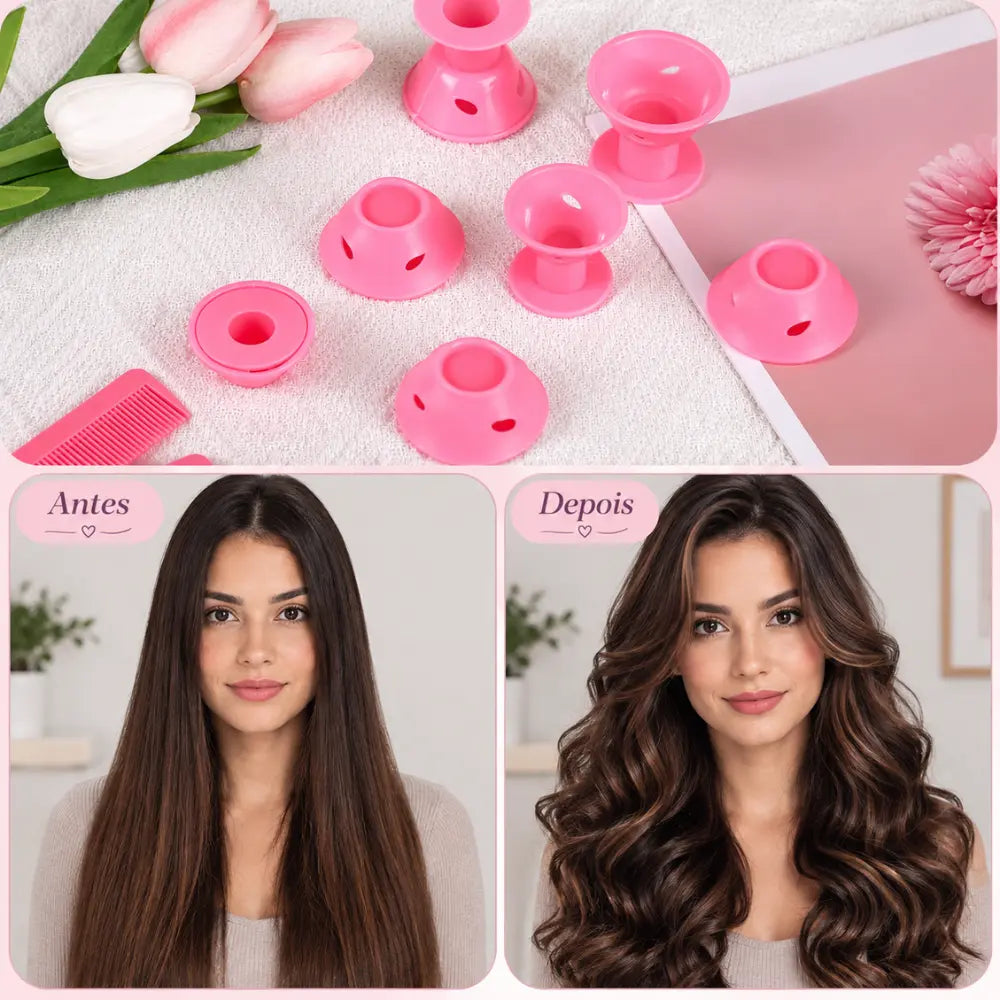 Comparativo de cabelo liso antes da aplicação e cabelo com ondas suaves após o uso.