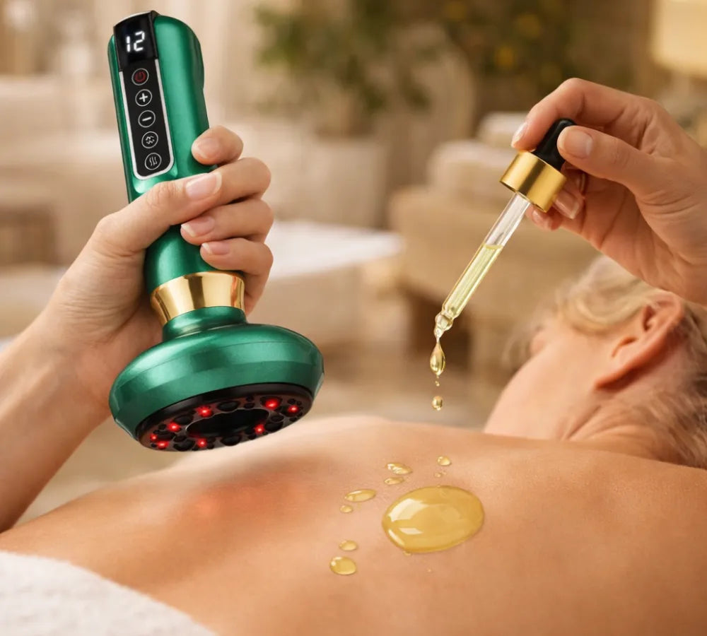 Mão aplicando óleo vegetais nas costas para deslize perfeito do massageador Loja Morela