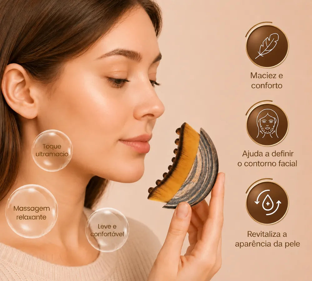 Mulher usando escova massageadora facial com destaque para a maciez, relaxamento e contorno do rosto Loja Morela