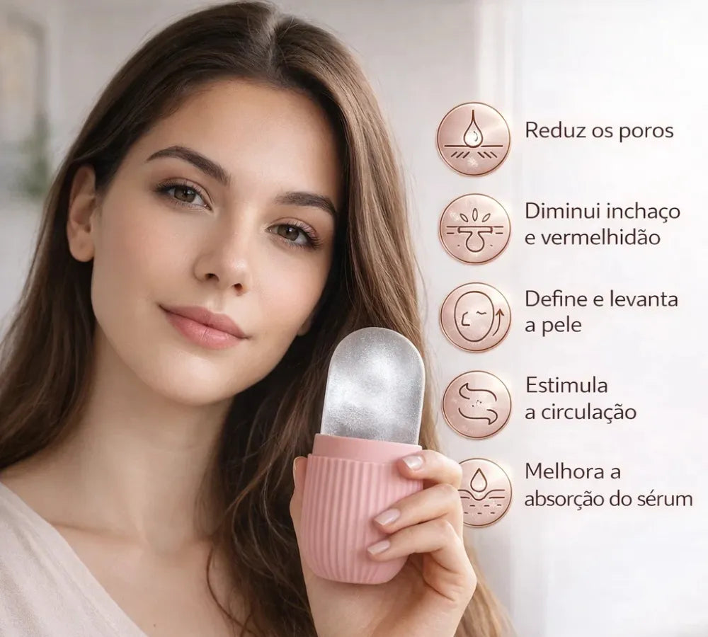 Lista de benefícios do massageador de gelo como redução de poros, estímulo da circulação e absorção de sérum Loja Morela