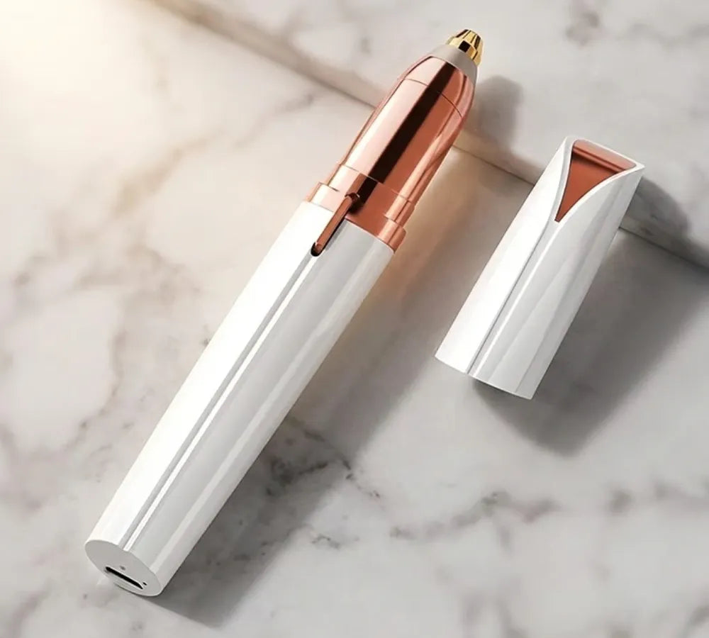 Visão detalhada da entrada de carregamento USB da caneta depiladora branca e rose. Loja Morela