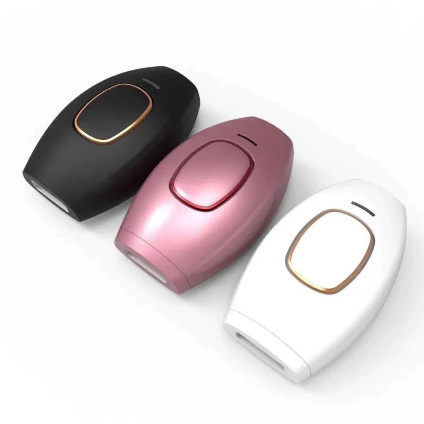 Variedades de cores do depilador IPL nas opções preto, rosa metalizado e branco com dourado Loja Morela