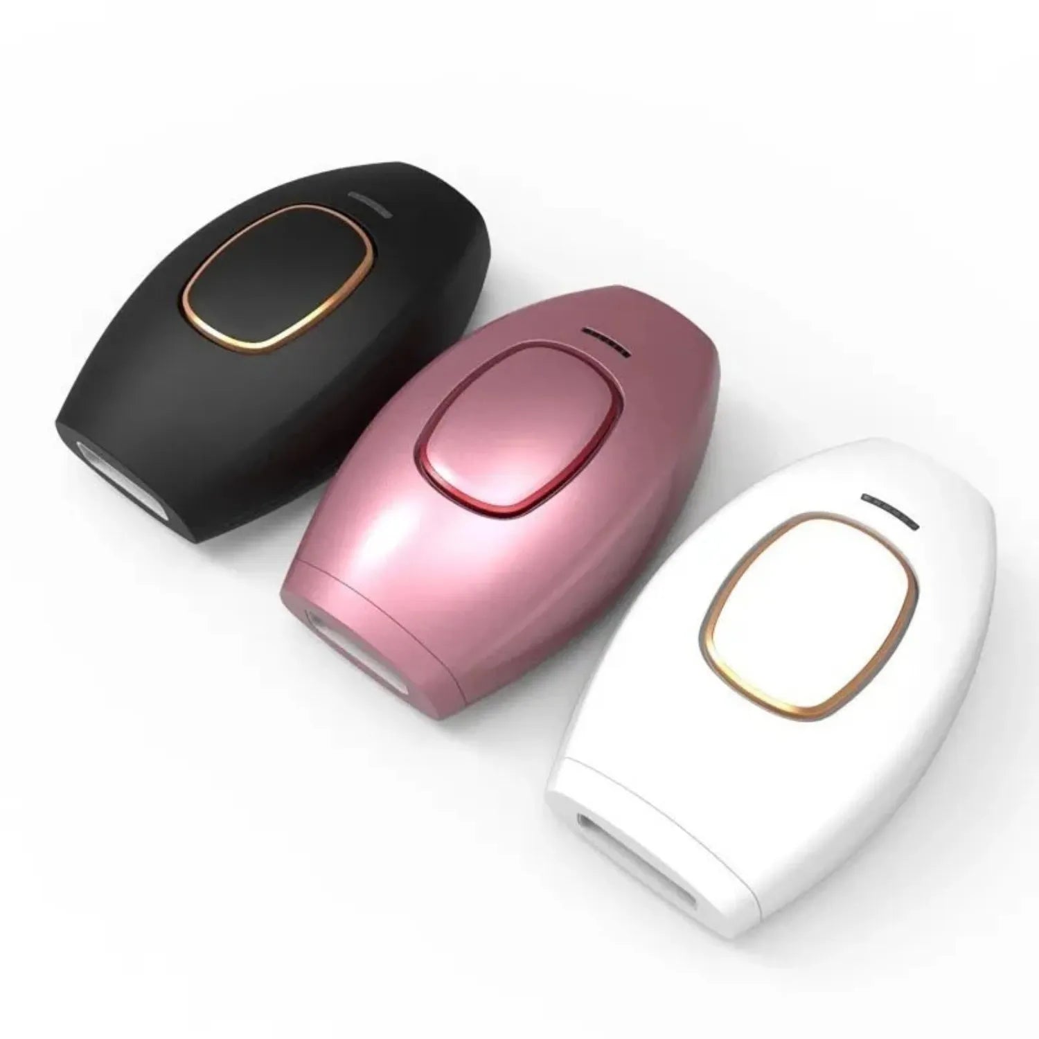 Variedades de cores do depilador IPL nas opções preto, rosa metalizado e branco com dourado Loja Morela