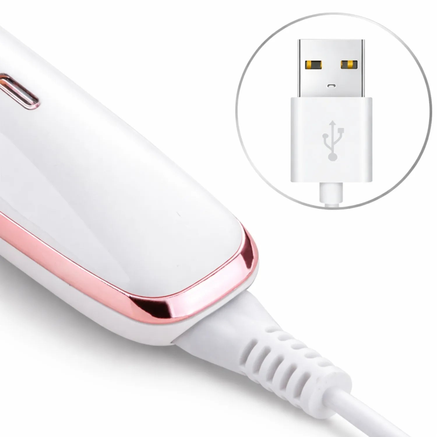 Cabo USB conectado ao depilador feminino destacando a praticidade do carregamento Loja Morela