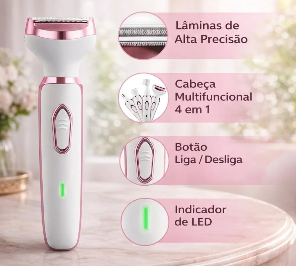 Infográfico detalhando as 4 funções do depilador: lâminas de precisão, cabeça multifuncional, botão liga e indicador LED Loja Morela