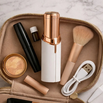 Depilador facial discreto guardado em uma necessaire com itens de maquiagem Loja Morela