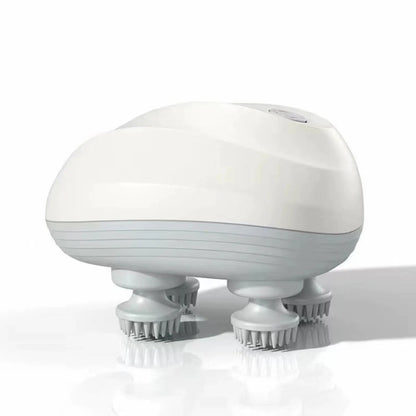 Vista lateral do massageador capilar elétrico com design ergonômico e cerdas cinzas - Loja Morela