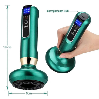 Infográfico mostrando o tamanho compacto e carregamento USB do massageador corporal Loja Morela