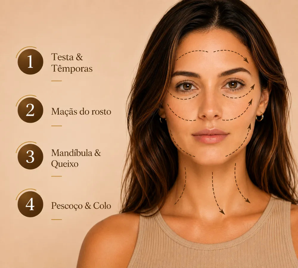 Ilustração em rosto feminino mostrando as direções corretas para a massagem facial modeladora Loja Morela
