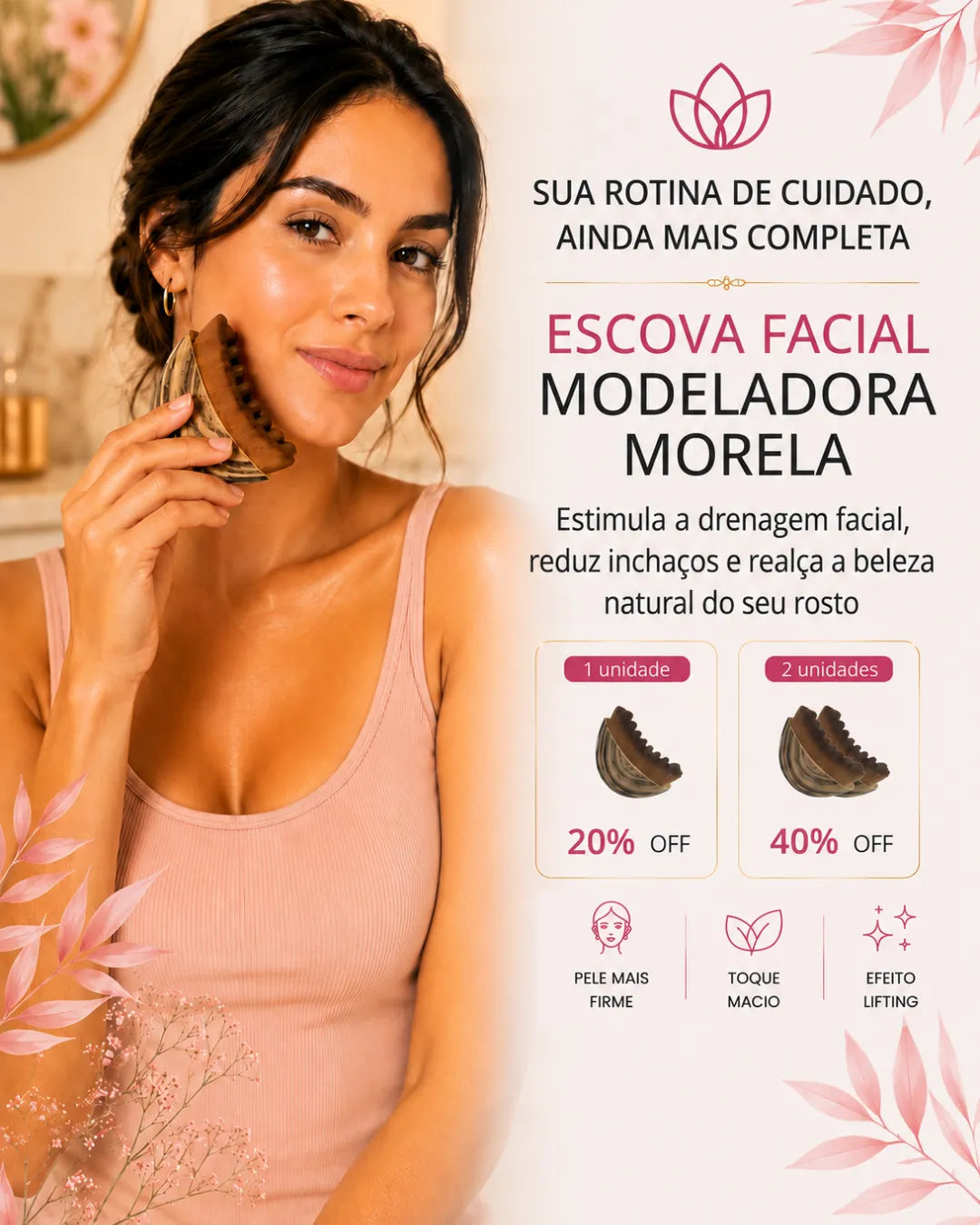 Banner otimizado para celular da Loja Morela com a Escova Facial Modeladora. Na imagem, uma mulher usa o massageador facial na bochecha. Abaixo, o texto "Escova Facial Modeladora Morela" seguido dos benefícios de drenagem facial, redução de inchaço e ofertas especiais de 20% e 40% de desconto.