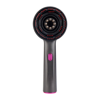 Visão frontal da escova massageadora capilar com cerdas de silicone e painel de LED. Loja Morela