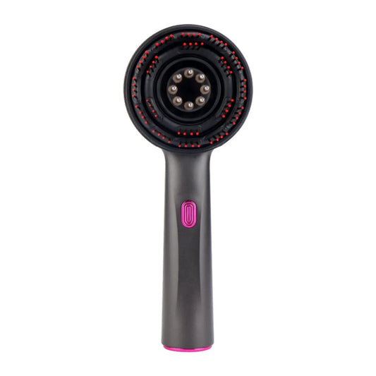 Visão frontal da escova massageadora capilar com cerdas de silicone e painel de LED. Loja Morela