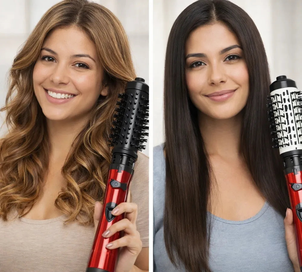 Mulher demonstra as duas funções da escova rotativa: ponteira preta para criar cachos definidos e ponteira branca para um alisamento perfeito