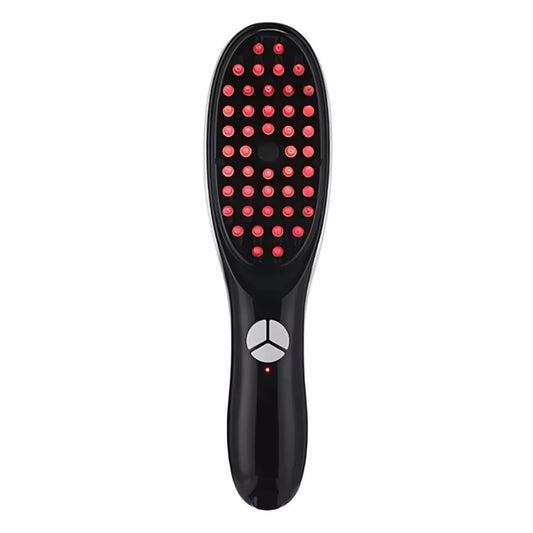 Escova massageadora com tecnologia LED e vaporização para fortalecimento capilar em fundo branco - Loja Morela