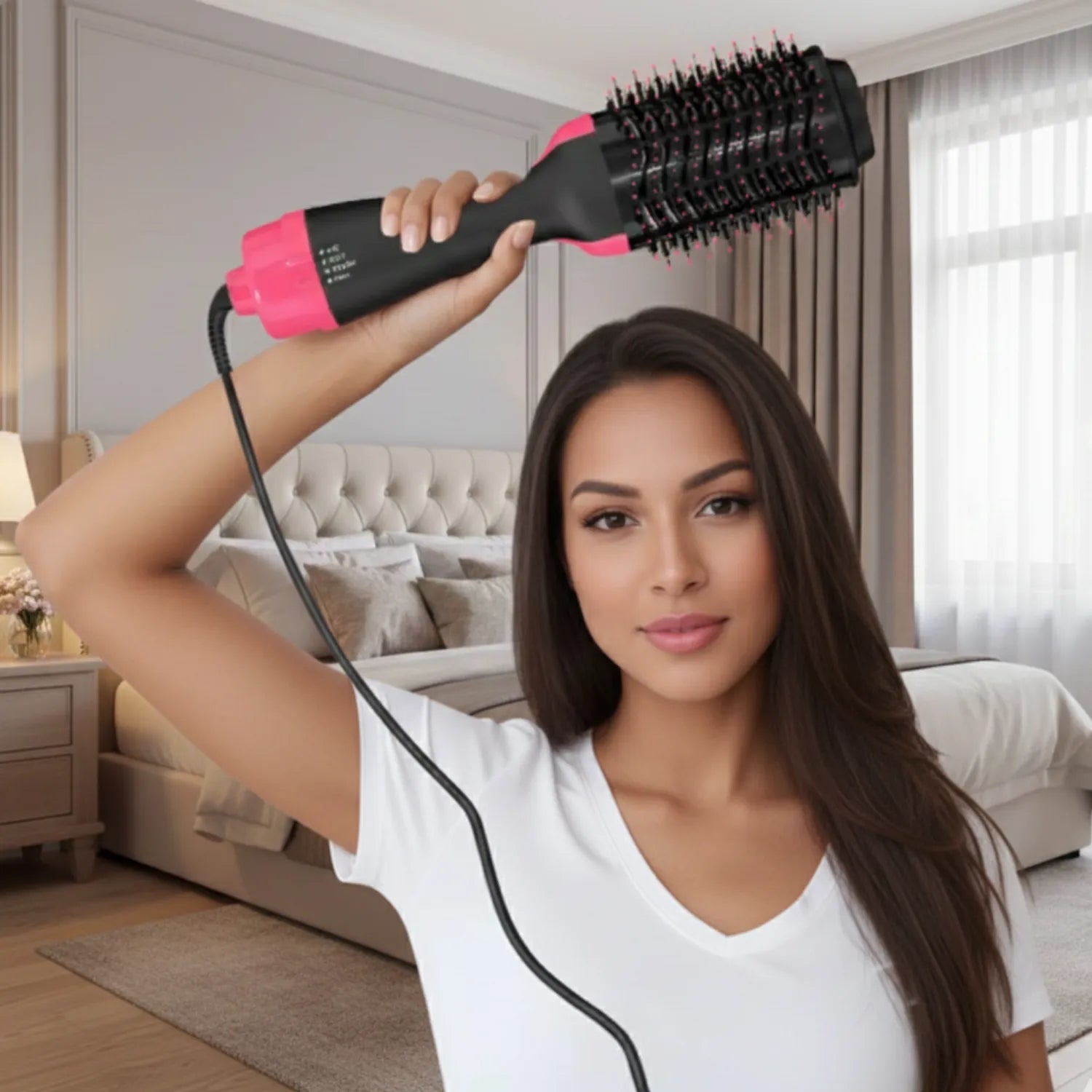 Mulher com cabelo longo, castanho e volumoso finalizado com a escova secadora 3 em 1 - Loja Morela