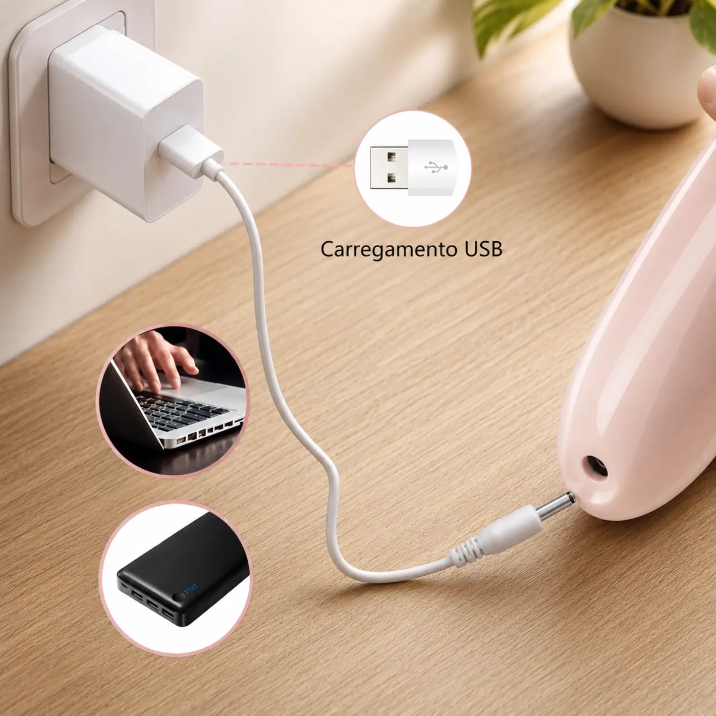 Lixador de pé elétrico conectado ao cabo de carregamento USB em uma mesa Loja Morela