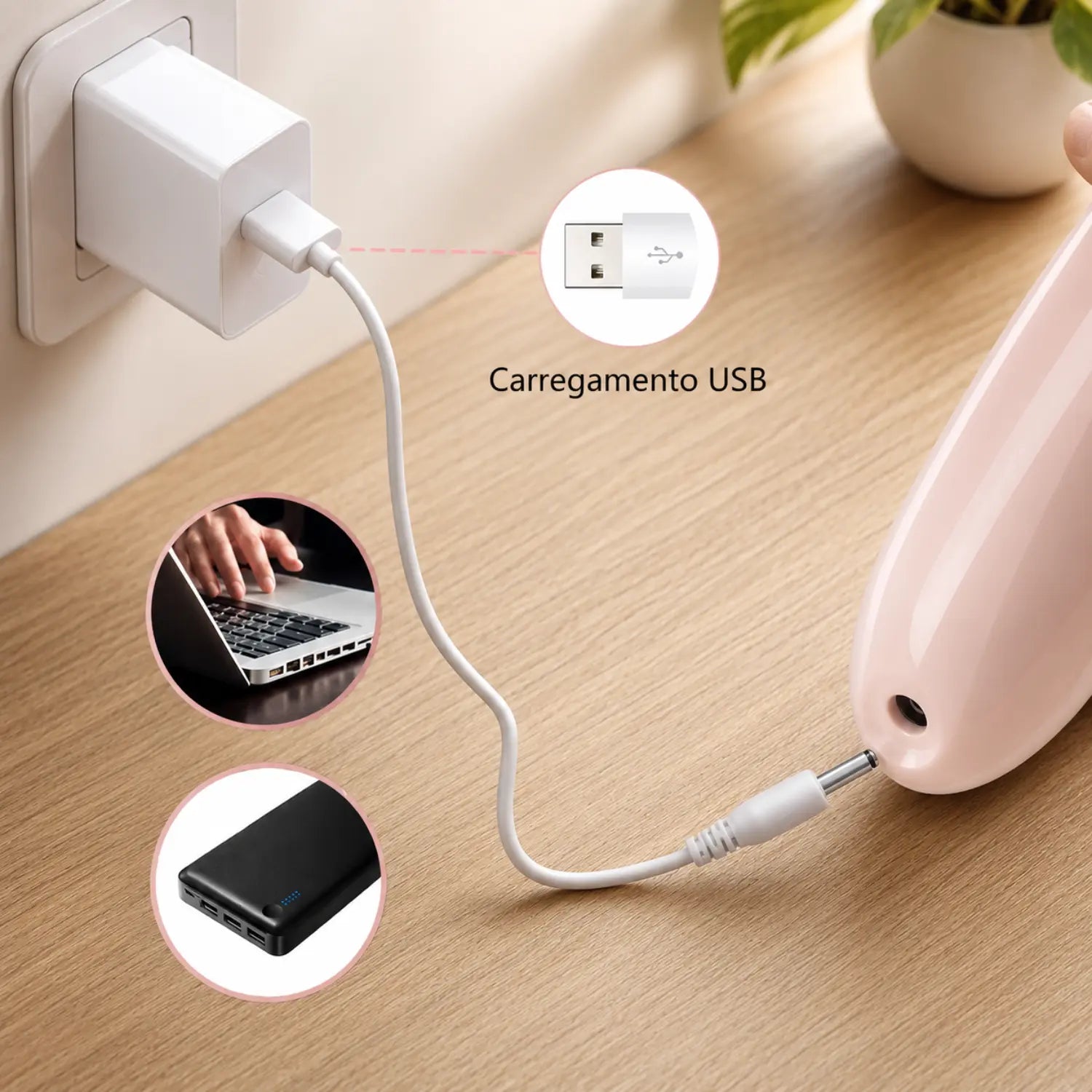 Lixador de pé elétrico conectado ao cabo de carregamento USB em uma mesa Loja Morela