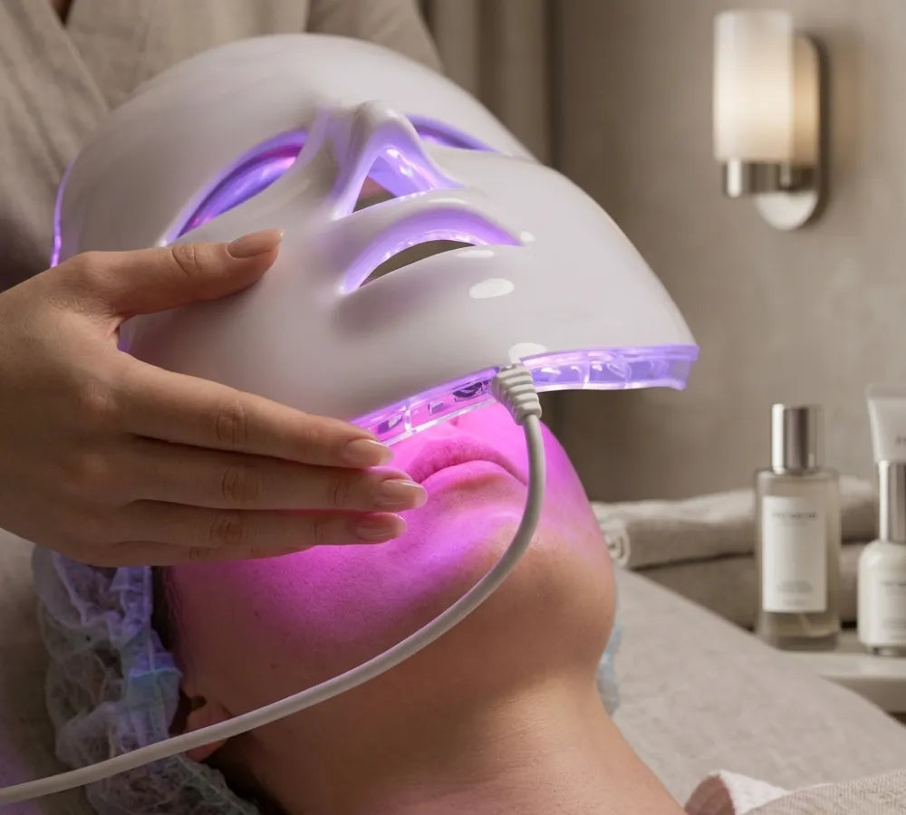Máscara de LED sendo aplicada sobre o rosto em ambiente de clínica de estética ou spa Loja Morela