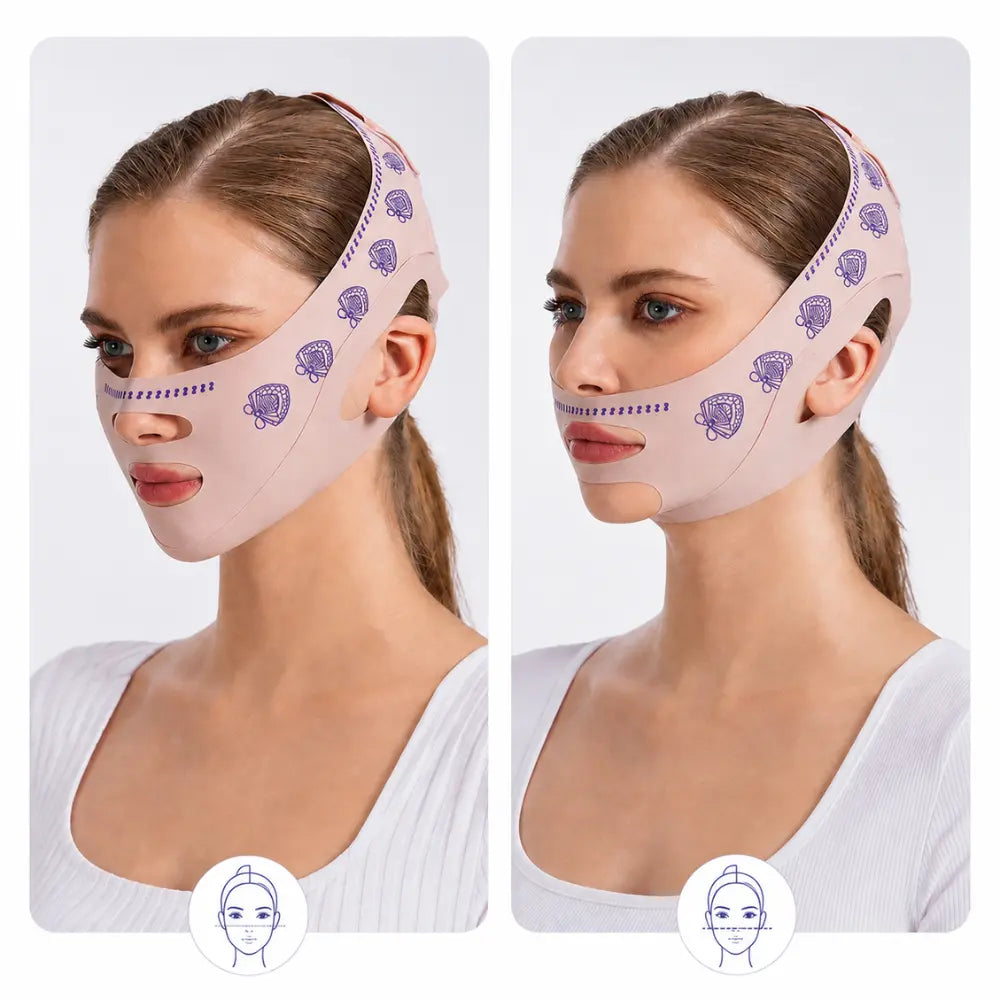 Comparativo visual mostrando as duas formas versáteis de posicionamento da máscara modeladora facial V-Line no rosto Loja Morela