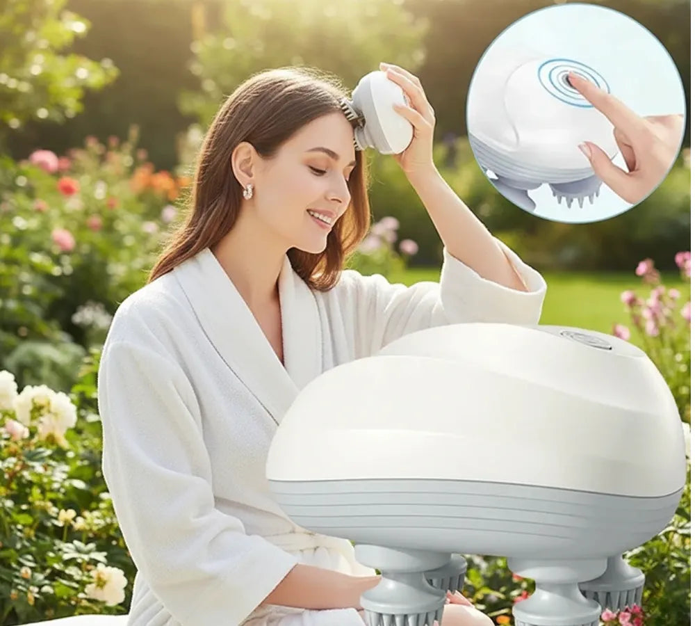 Mulher segurando o massageador elétrico Relax na palma da mão, demonstrando o design ergonômico e compacto. Loja Morela