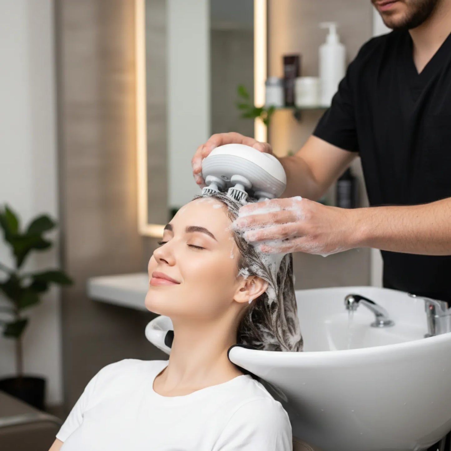 Profissional aplicando massagem capilar em mulher no lavatório, utilizando o massageador elétrico sobre o cabelo com espuma de shampoo para limpeza profunda - Loja Morela