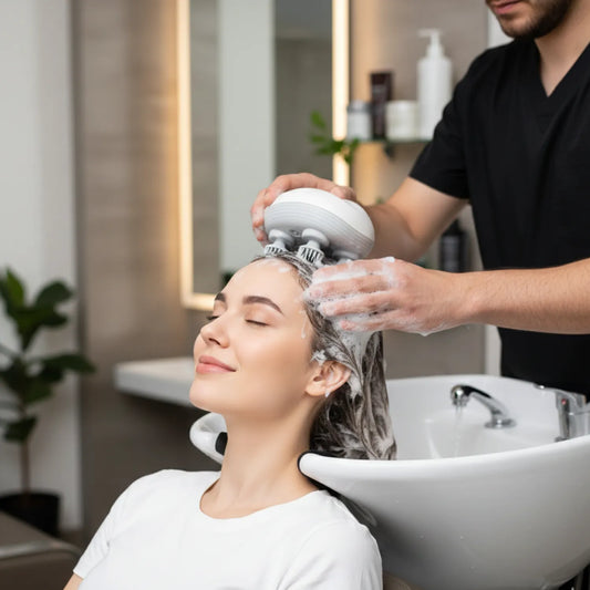 Profissional aplicando massagem capilar em mulher no lavatório, utilizando o massageador elétrico sobre o cabelo com espuma de shampoo para limpeza profunda - Loja Morela