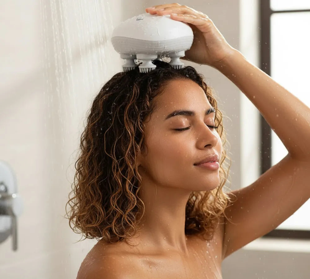 Mulher jovem de cabelos cacheados usando massageador capilar branco durante o banho - Loja Morela