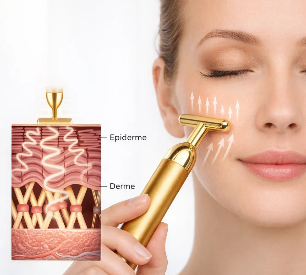 Infográfico demonstrando a ação do massageador facial nas camadas da derme e epiderme Loja Morela