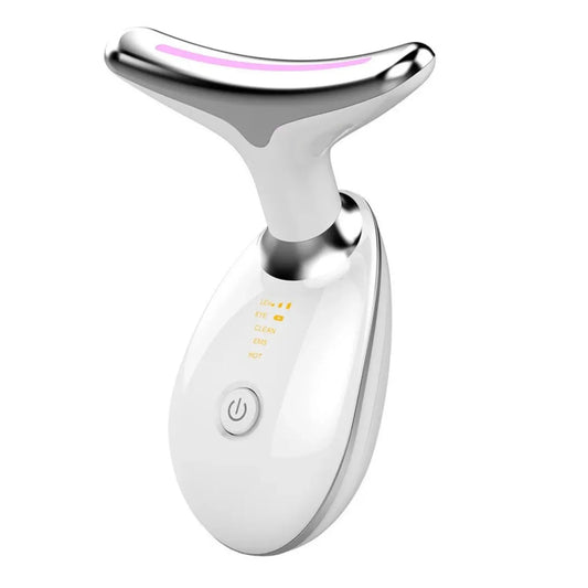 Aparelho de massagem facial e pescoço com tecnologia de fototerapia LED na cor branca Loja Morela