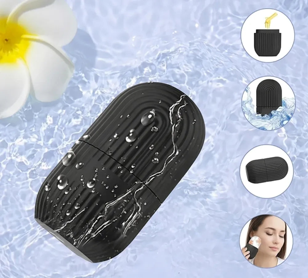 Massageador facial de gelo na cor preta com detalhes em gotas de água ressaltando a resistência e frescor Loja Morela
