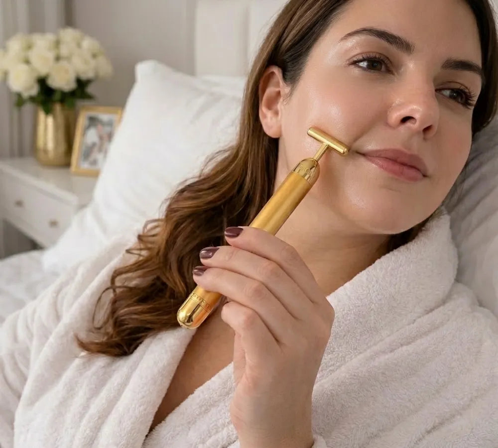 Mulher em momento de relaxamento utilizando o massageador para drenagem facial Loja Morela