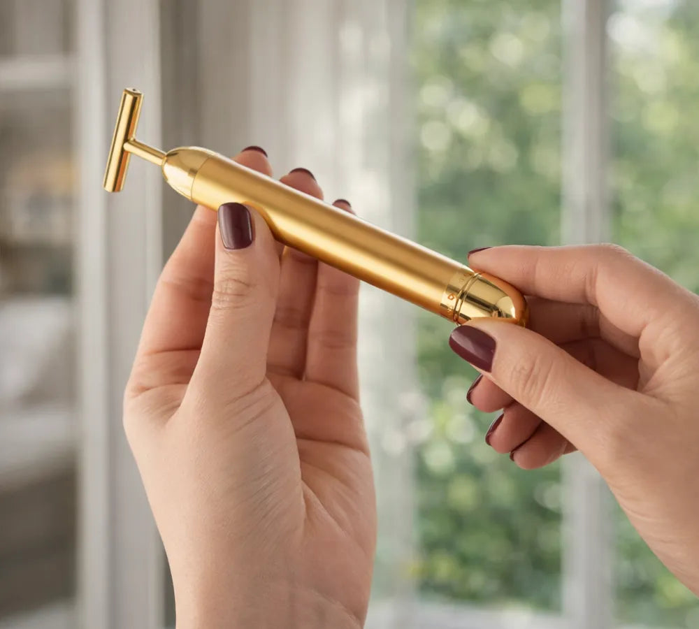Mão segurando o massageador facial dourado destacando sua portabilidade e tamanho compacto Loja Morela