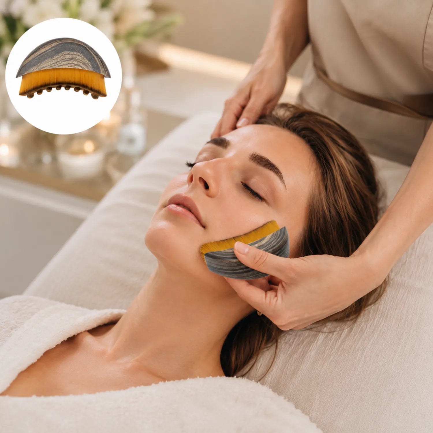 Mulher recebendo massagem suave no rosto com a escova facial ergonômica Loja Morela