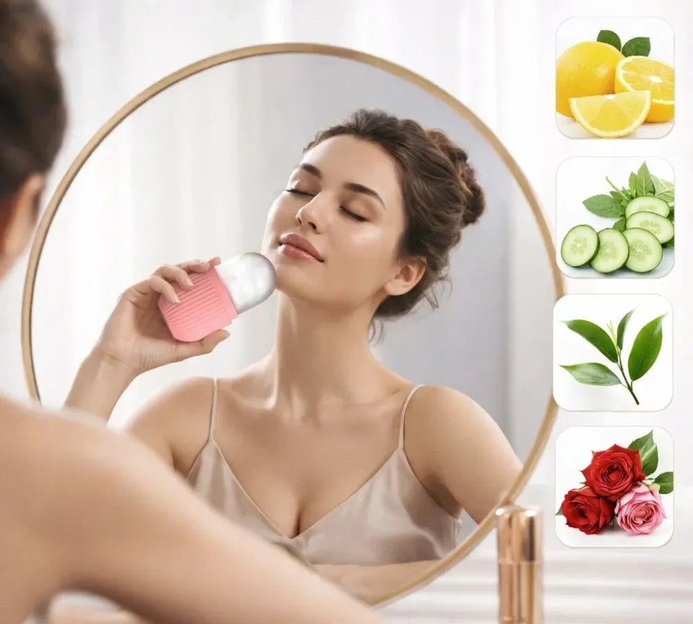 Infográfico mostrando o uso do massageador com limão, pepino, chá verde e rosas para cuidados com a pele Loja Morela