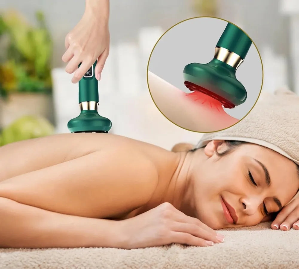 Mulher recebendo massagem relaxante nas costas com o aparelho de ventosa Loja Morela