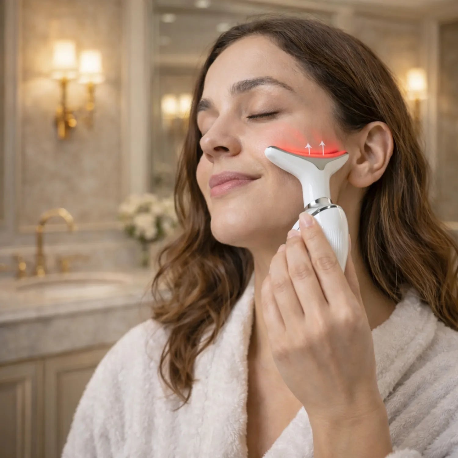 Mulher sorridente utilizando o massageador facial com luz LED vermelha para revitalização da pele Loja Morela.