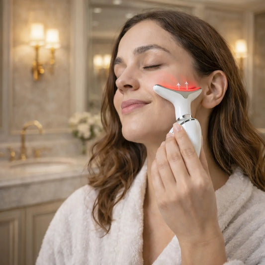 Mulher sorridente utilizando o massageador facial com luz LED vermelha para revitalização da pele Loja Morela.