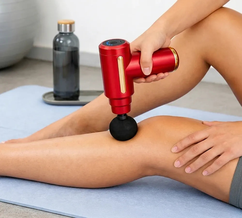 Aplicação do massageador muscular na coxa para alívio após atividades físicas Loja Morela