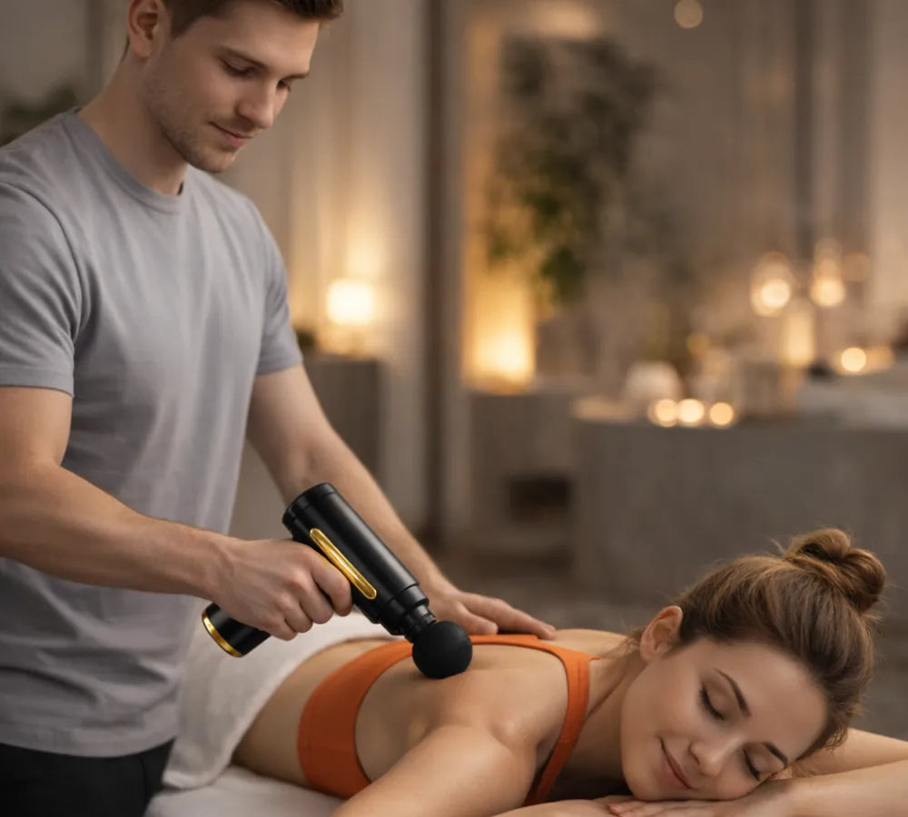 Uso do massageador de percussão na região lombar para alívio de dores nas costas Loja Morela