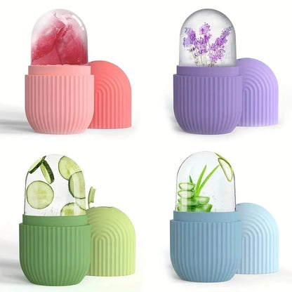 Quatro unidades do massageador facial em cores diferentes contendo pepino, lavanda e rosas no gelo Loja Morela