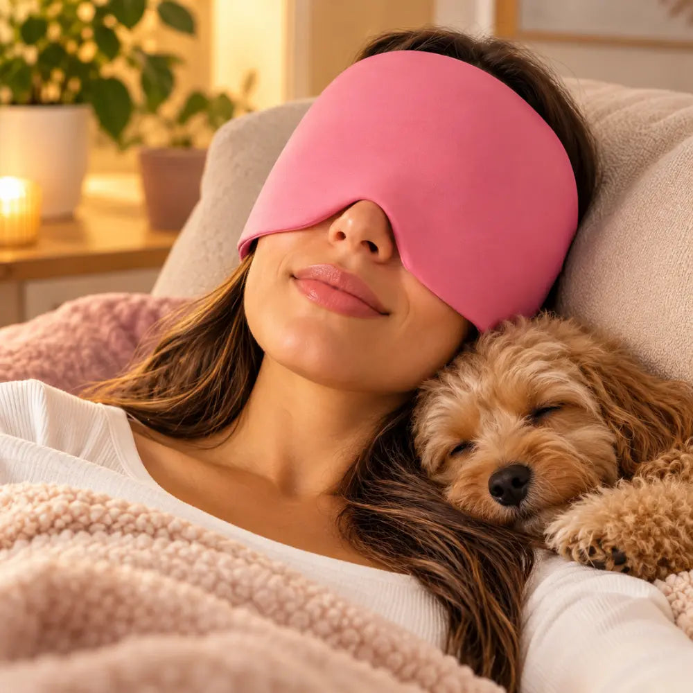 Mulher deitada relaxando com a touca de gel terapêutica rosa ao lado de um pequeno cão deitado na cama.