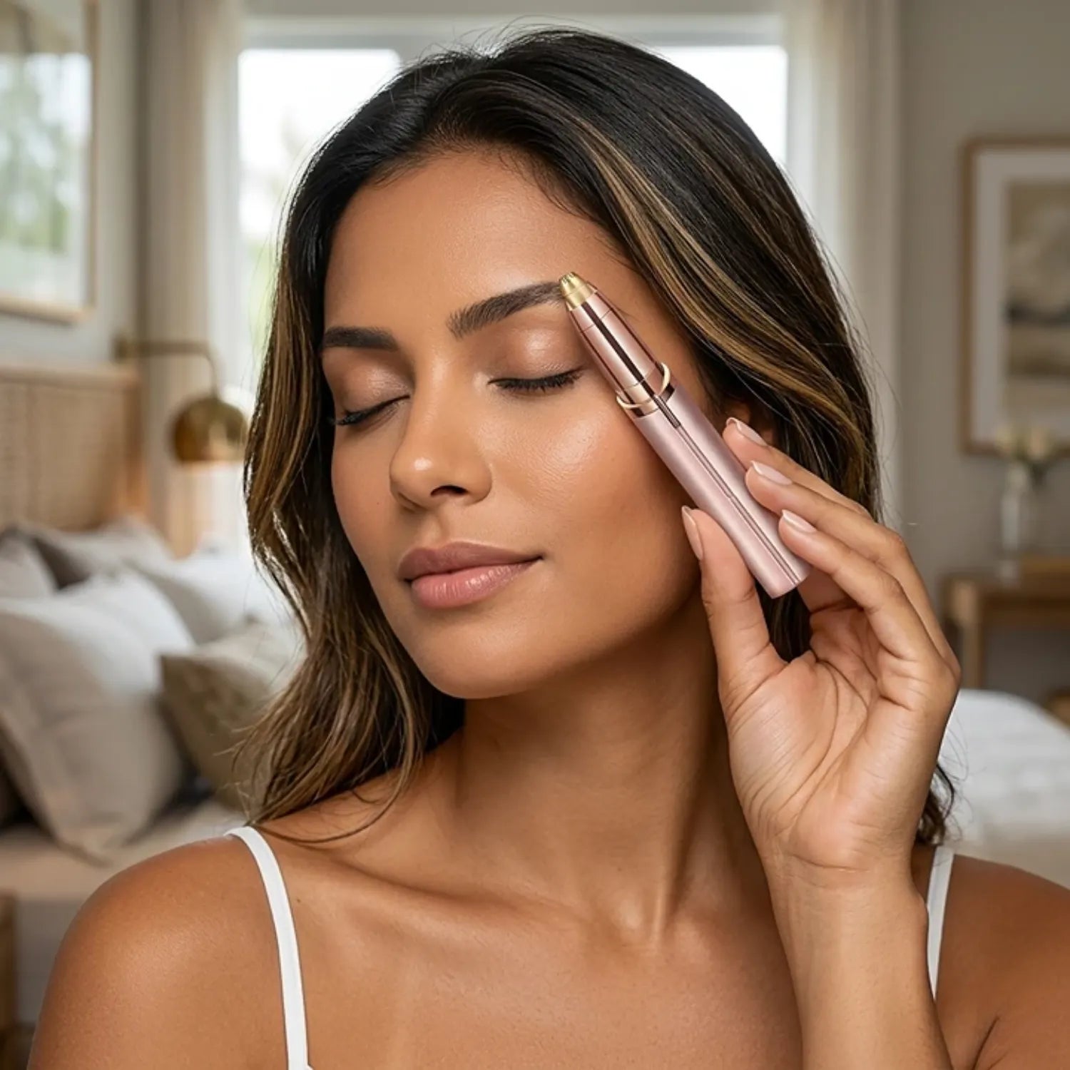 facial-loja-morela.webp	Mulher com pele radiante utilizando a caneta depiladora para acabamento perfeito. Loja Morela