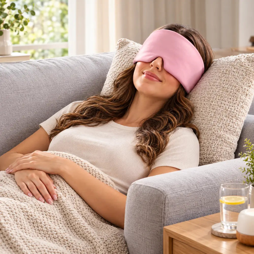 Mulher deitada confortavelmente em um sofá utilizando a touca de gel terapêutica para momentos de descanso.