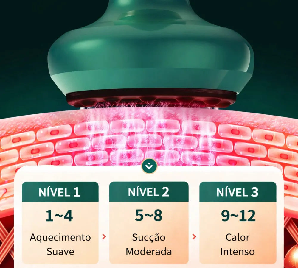 Infográfico detalhando os 12 níveis de sucção e aquecimento para massagem Loja Morela